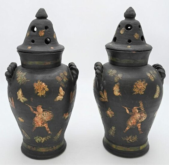 Pair of English Decoupage Vases with Covers, black