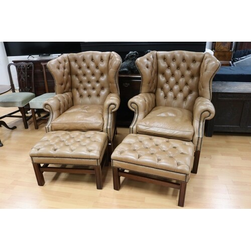 Pair of English generous size George III style deep buttoned...