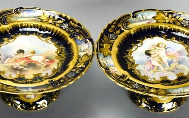 Pair of French Sevres Hand Painted Cobalt Compotes
