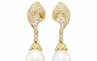 Pair of Gold, Diamond and South Sea Cultured Pearl Pendant-Earrings