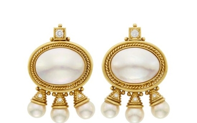 Pair of Gold, Mabé and Cultured Pearl and Diamond Earclips