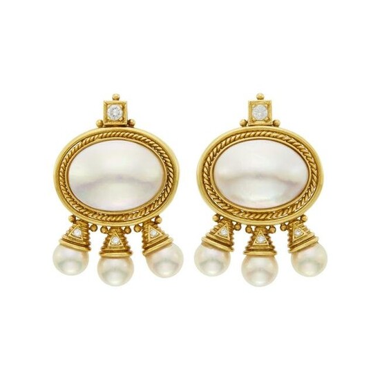 Pair of Gold, Mabé and Cultured Pearl and Diamond Earclips