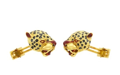 Pair of Gold and Enamel Leopard Cufflinks