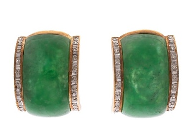 Pair of Jade, Diamond, 14k Yellow Gold Earrings
