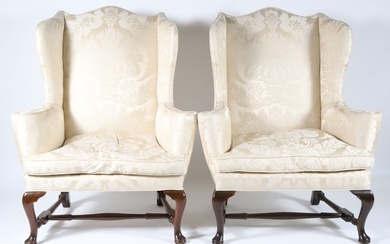Pair of Kittenger Scalamandre White Damask Upholstered Queen Anne Style Wing Chairs