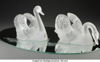 Pair of Lalique Clear and Frosted Glass Cygne Te