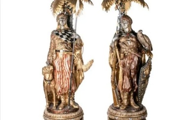 Pair of Life Size Monumental Bronze Arab Hunters and Palms Sculptures on Pedestals