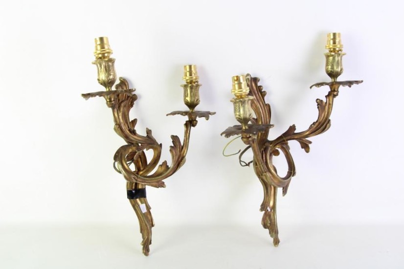 Pair of Louis XV Style Gitl Brass Electric Torcheres, each with two scrolled branches. H: 42, W: 27cm