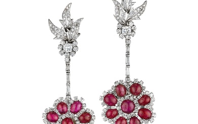 Pair of Ruby and Diamond Ear Pendants