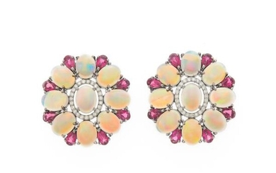 Pair of Silver, Opal, Rubellite and Diamond Earrings
