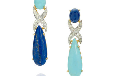 Pair of Turquoise, Lapis Lazuli and Diamond Pendant Earrings