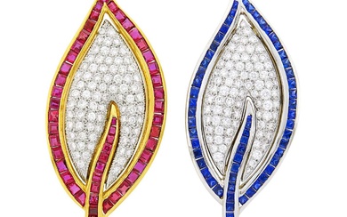 Pair of Two-Color Gold, Platinum, Diamond, Sapphire and Ruby Leaf Clip-Brooches