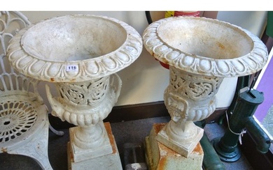 Pair of Victorian style cast iron campana shaped garden vase...