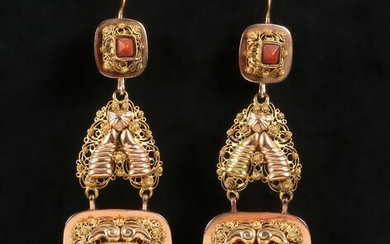 Pair of Zeeland gold 'stone bells' with red coral, ca. 1870