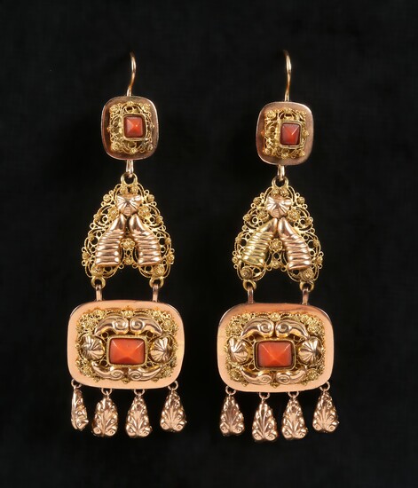 Pair of Zeeland gold 'stone bells' with red coral, ca. 1870