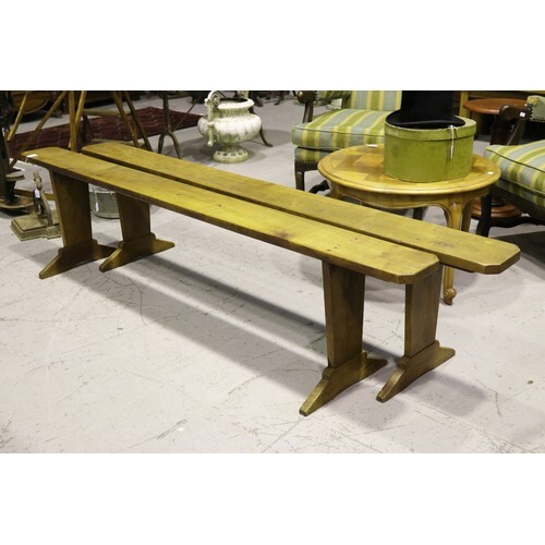 Pair of antique French cherrywood long benches, trestle styl...