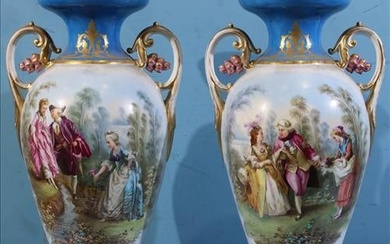 Pair of double handle Old Paris mantle vases