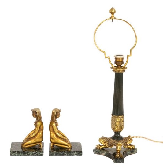 Pair of gilt bronze and green marble bookends...