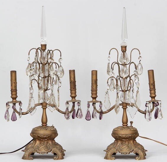 Pair of gilt white metal and crystal two light candelabras. FR3SH.