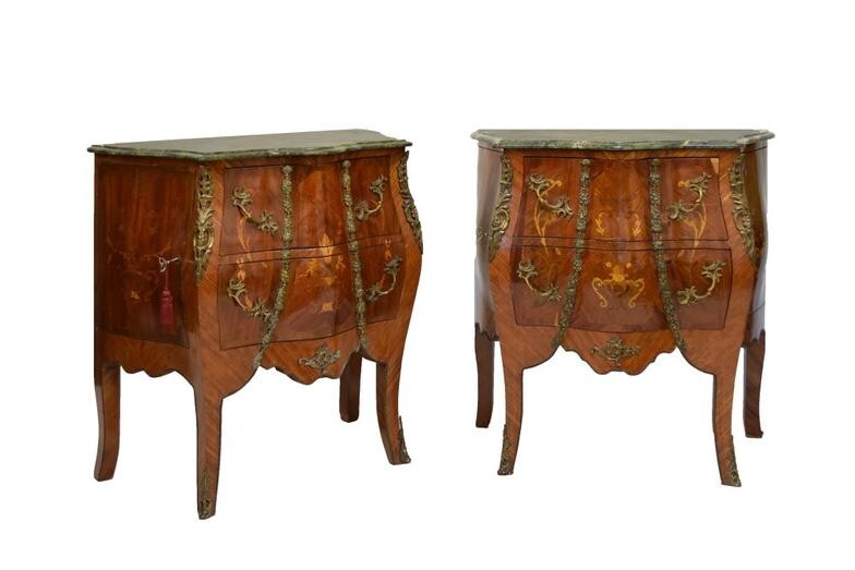 Pair of marble-top kingwood and marquetry bombé commode chests,...