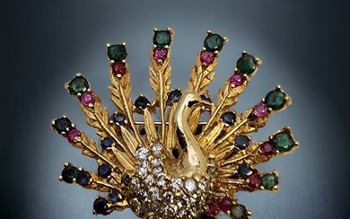 Pendant Antique / Vintage 18k Amazing Gold brooch Swan with Diamonds, Ruby's Emeralds Sapphires - Ruby