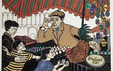 Penny Berry Paterson (1941-2021) colour linocut print, Easter eggs, Mainz, signed and numbered 1/20, 22 x 32cm