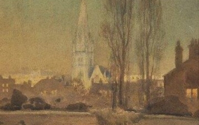 Percy W Buckman RMS, British 1865-1935- Figures gathering for church in a village landscape; watercolour and pencil on paper, signed lower right 'Percy Buckman', 46 x 30 cm