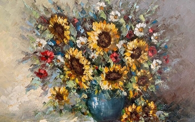 Peter Brouwer (1935-2010) - Bloemenpracht en zonnebloemen stilleven