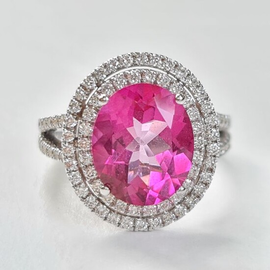 Pink Topaz diamond ring - 14 kt. White gold - Ring - 5.56 ct Topaz - 1.00 ct DiamondsF / VVS