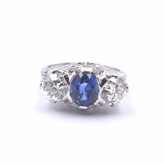 Platinum Diamond and Sapphire (Art Deco) Ring