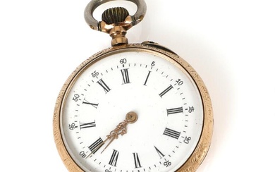 Pocket watch of 14k gold. Cylinder escapement and crown-winding. White enamel dial...