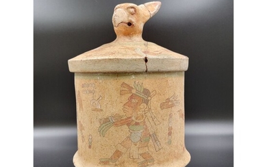 Polychromed Pre-Colombian Cylindrical Vessel W/ Lid