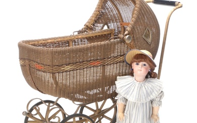 Porcelain and Composition Doll, Crochet Blanket in Victorian Style Wicker Buggy