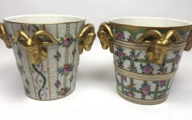 Pr DRESDEN Cache Pots with Gilt Rams Heads. Marked Dres