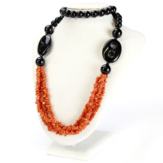 Precious necklace with Onyx and Mediterranean Coral EXTRA quality - 310×160×14 mm - 120 g