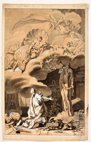 Pygmalion praying to Venus. 18th c Drawing, pen and black ink, yellow and black wash,...