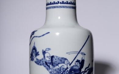 Qing Dynasty "Chang Fengxuan rare play" blue and white character story map stick bottle