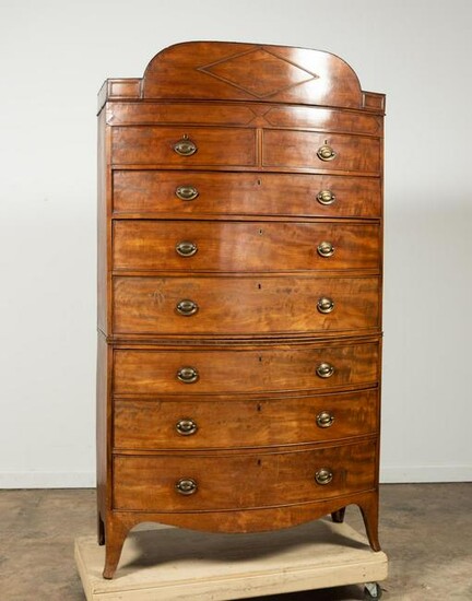 REGENCY-STYLE BOW FRONT MAHOGANY CHEST ON CHEST