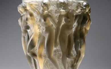 RENÉ LALIQUE (FRENCH, 1860-1945), A TOPAZ 'BACCHANTES' VASE WITH BRONZE STAND