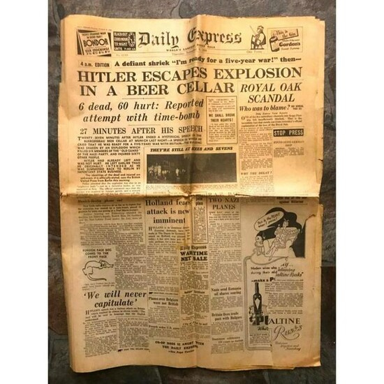 Rare World War II Newspaper, 1939 London Daily Express
