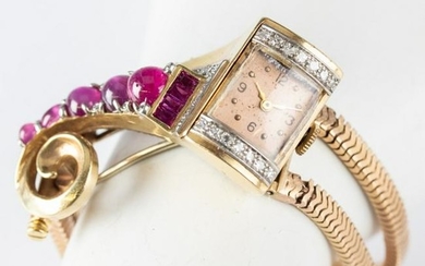 Retro 1950's Diamond & Ruby Watch & Brooch Combo