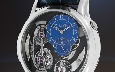 Romain Gauthier, Ref. MON99941 An avant-garde and well-preserved titanium limited edition wristwatch with skeletonized and blue enamel dial, fusee-and-chain mechanism, certificate, and presentation box; numbered 3 of 20