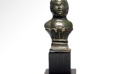 Roman Bronze Bust of a Child, Silver Inlaid Eyes, c.