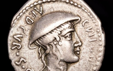 Roman Republic - Denarius - Cn. Plancius. Rome mint, 55 B.C. Cretan goat standing right; bow and quiver.- Silver
