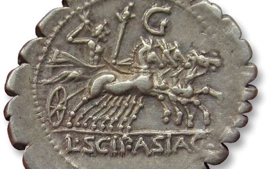 Roman Republic. L. Cornelius Scipio Asiaticus. Silver Denarius - struck on very large flan, nicely centered,Rome 106 B.C. - control letter G (without dot) on reverse