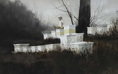 Ronald Lewis (American) watercolour painting of a beekeeper