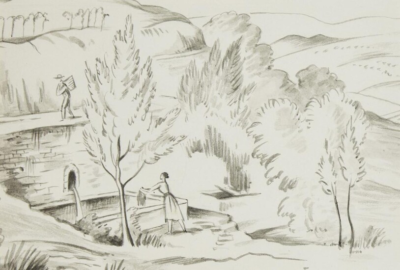 Rowland Pym, British 1905-2010 - Landscape with two figures; ink on paper, 20 x 28.8 cm: together with another work by the same artist, 'Top Hats, study for a mural at Hyde Park Hotel', ink and watercolour, signed lower right, 20.8 x 16.3 cm (2)...