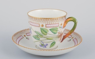 Royal Copenhagen Flora Danica coffee cup with saucer. Hand-painted.