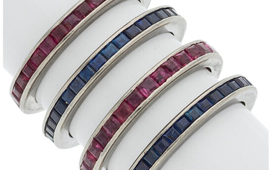 Ruby, Sapphire, Platinum Eternity Bands Stones: Rectangle-shaped rubies weighing...