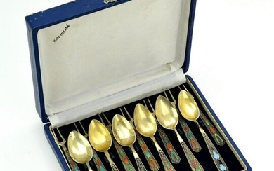 Russian Set of 6 Sterling and Enameled Tea Spoon and 7